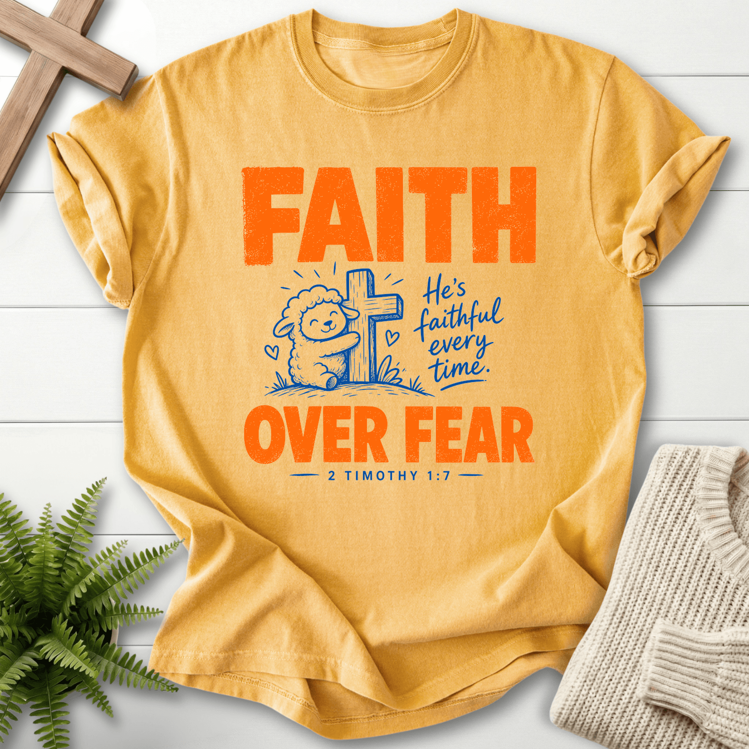 Faith Over Fear Cute Lamb T-Shirt in Mustard | She Wears Faith