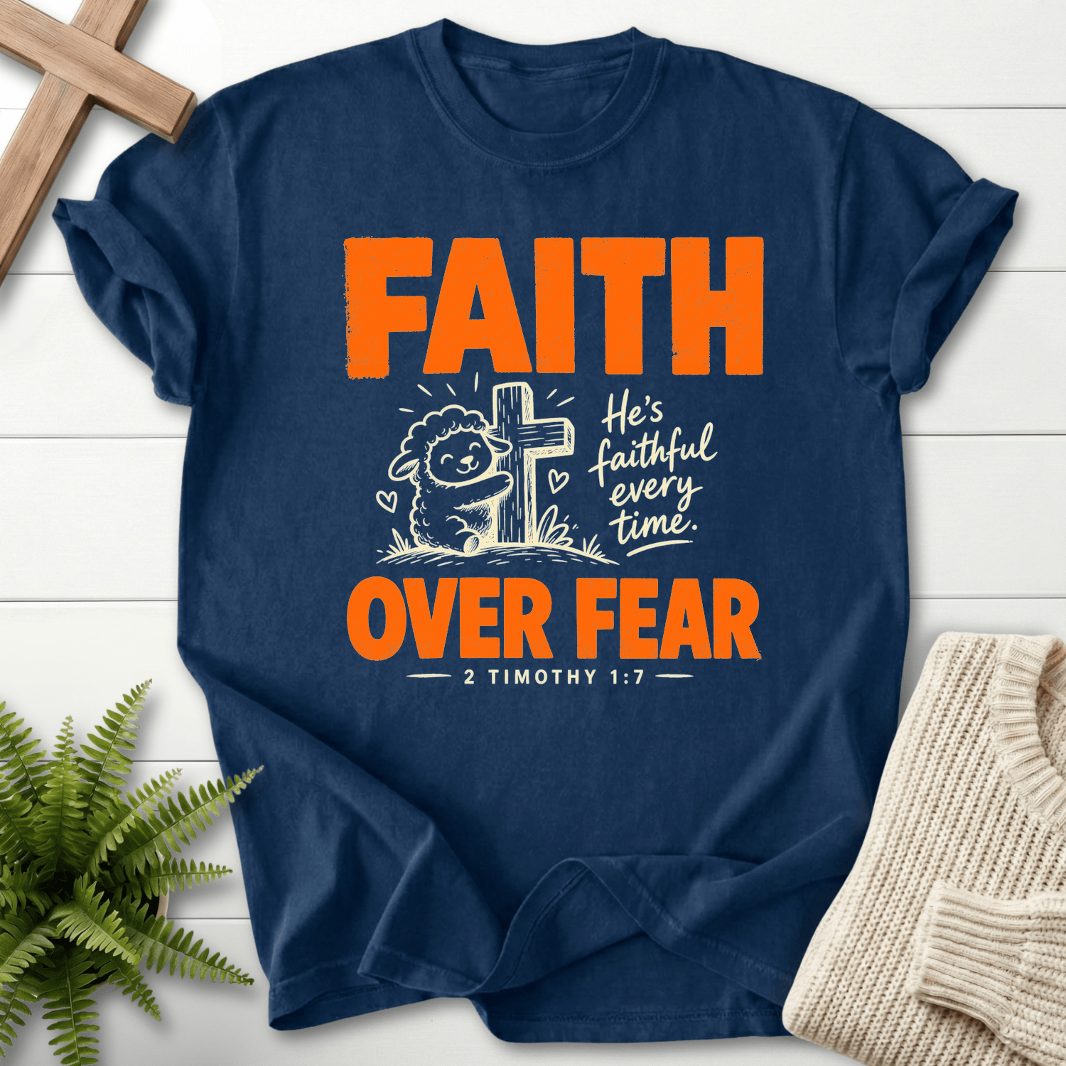 Faith Over Fear Cute Lamb T-Shirt in Navy | She Wears Faith