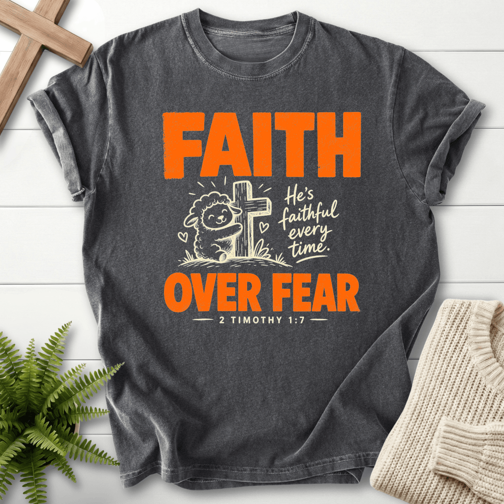 Faith Over Fear Cute Lamb T-Shirt in Pepper | She Wears Faith