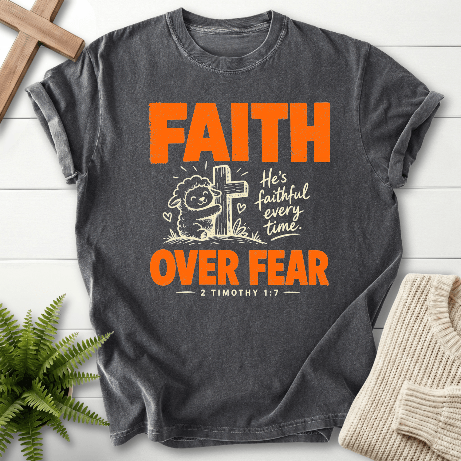 Faith Over Fear Cute Lamb T-Shirt in Pepper | She Wears Faith