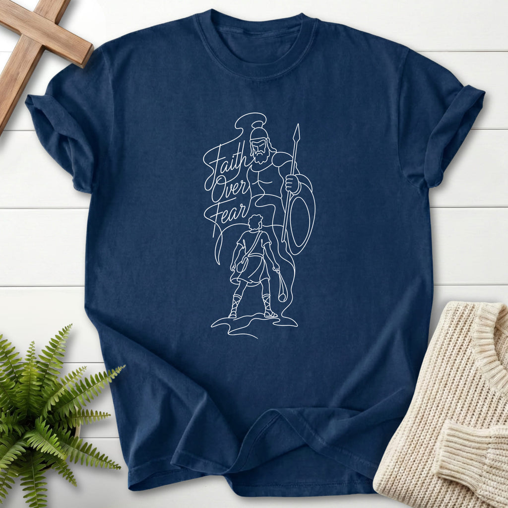 Navy color option for the Faith Over Fear David vs Goliath women's Christian tee with script typography with "Faith Over Fear David vs Goliath.