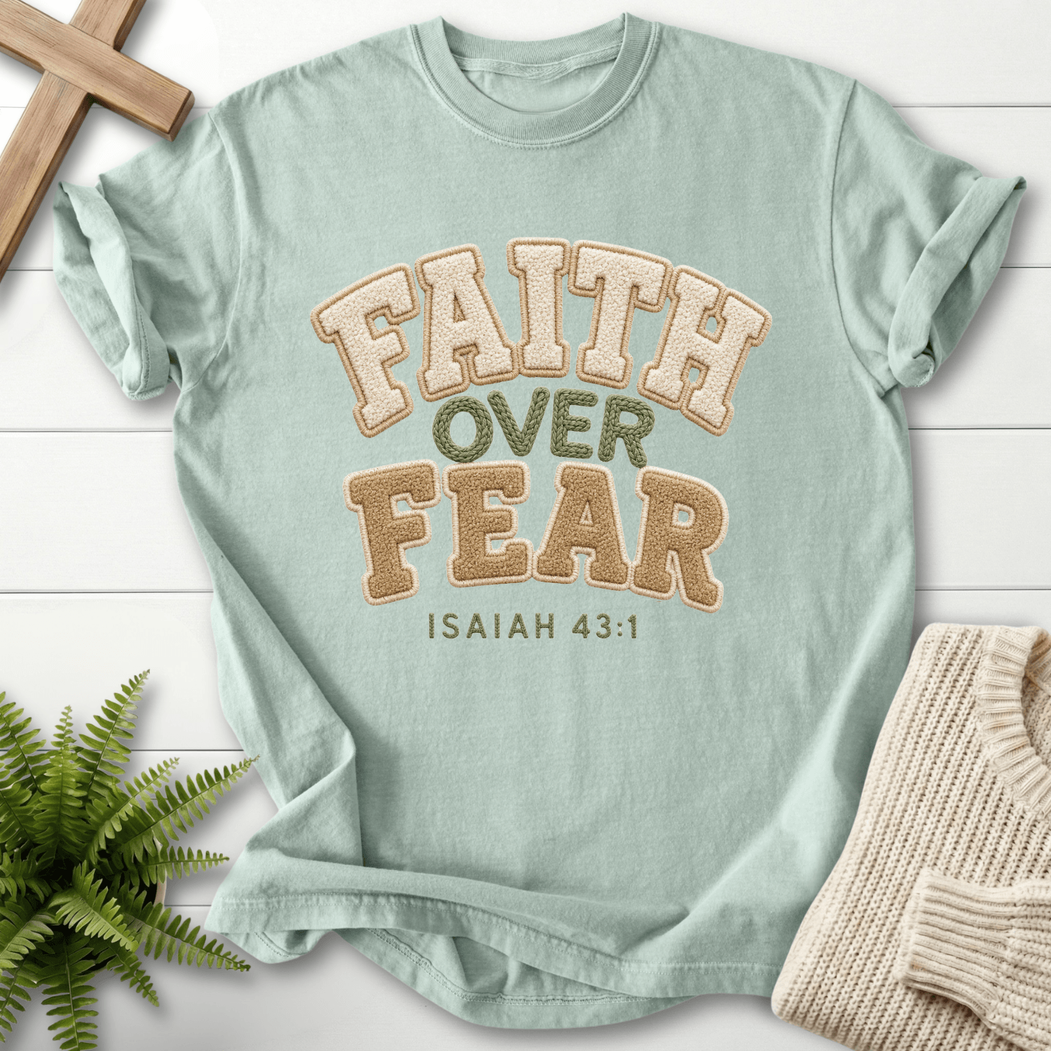 Faith Over Fear Faux Fur Isaiah 43 1 T-Shirt in Bay | She Wears Faith