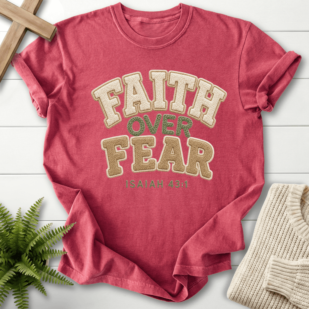 Faith Over Fear Faux Fur Isaiah 43 1 T-Shirt in Crimson | She Wears Faith