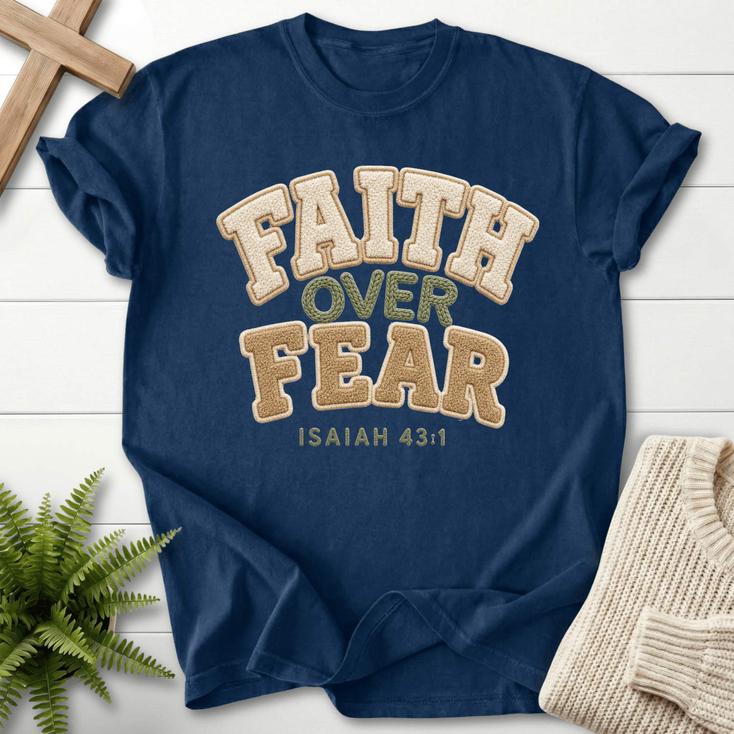 Faith Over Fear Faux Fur Isaiah 43 1 T-Shirt in Navy | She Wears Faith