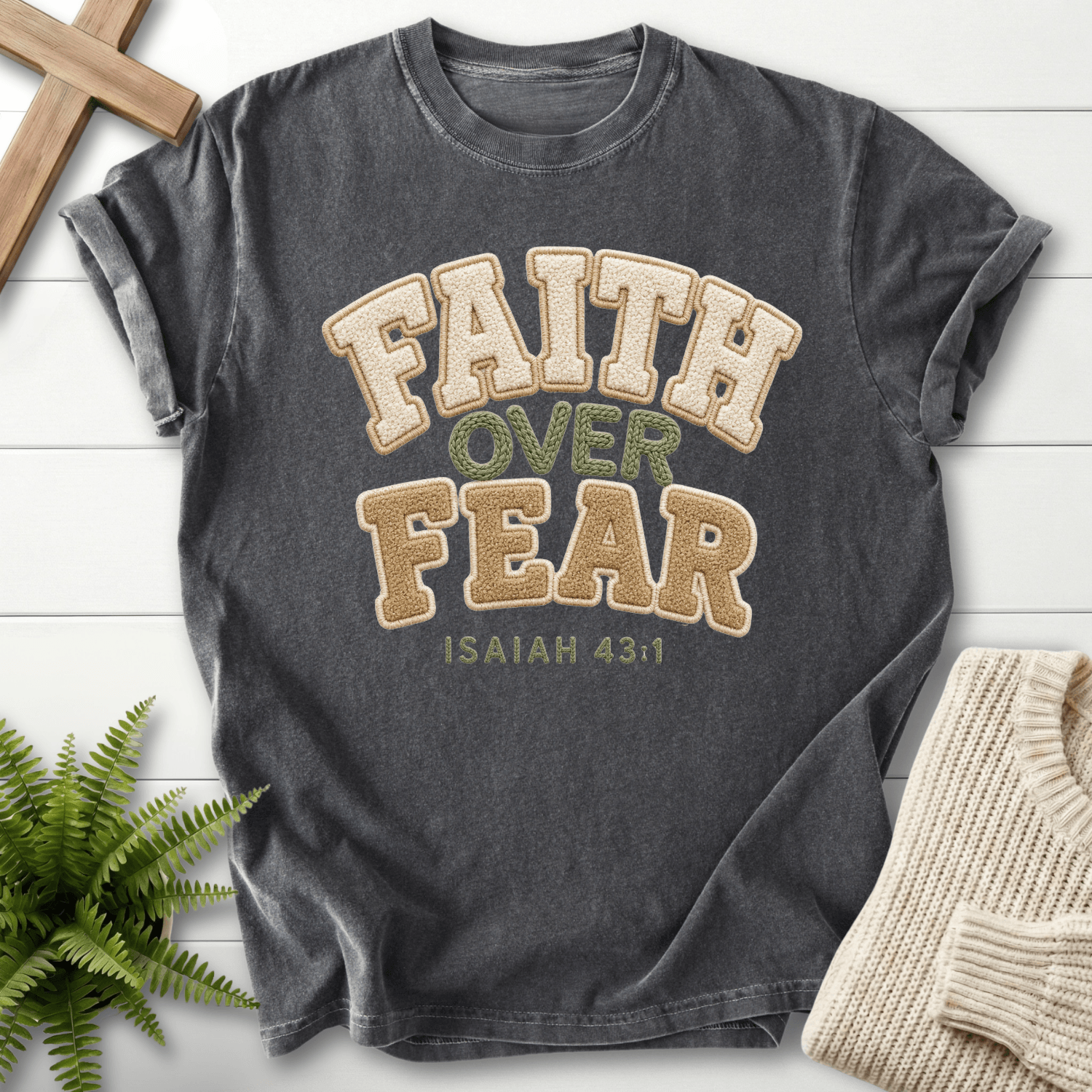 Faith Over Fear Faux Fur Isaiah 43 1 T-Shirt in Pepper | She Wears Faith
