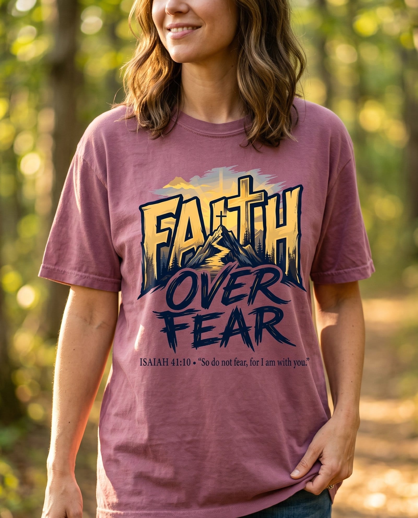 Faith Over Fear Isaiah 41:10 Mountain – Berry women's Christian tee, lifestyle photo in nature trail – Bold 'FAITH' lettering filled with sunrise – Isaiah 41:10 – She Wears Faith