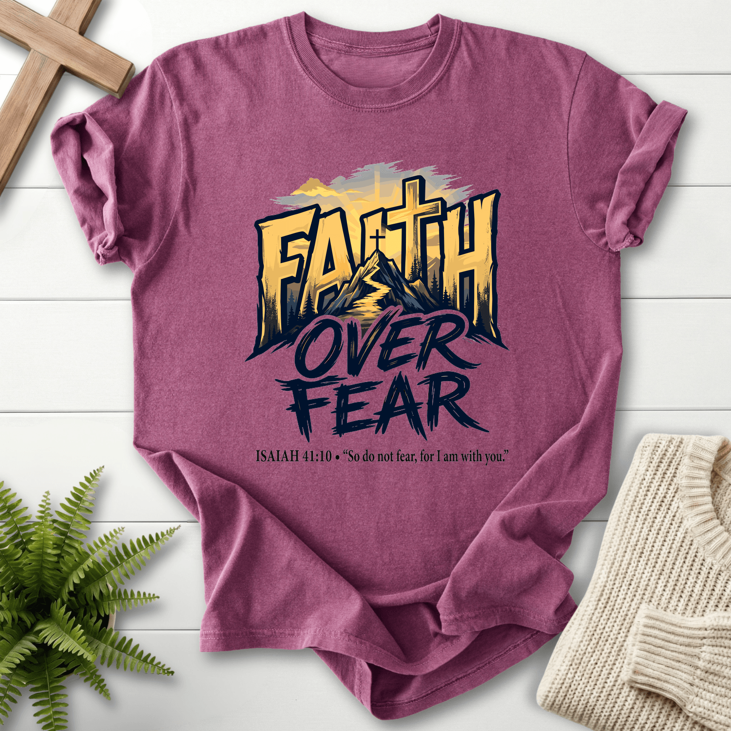 Faith Over Fear Isaiah 41 10 Graphic T-Shirt in Berry | She Wears Faith