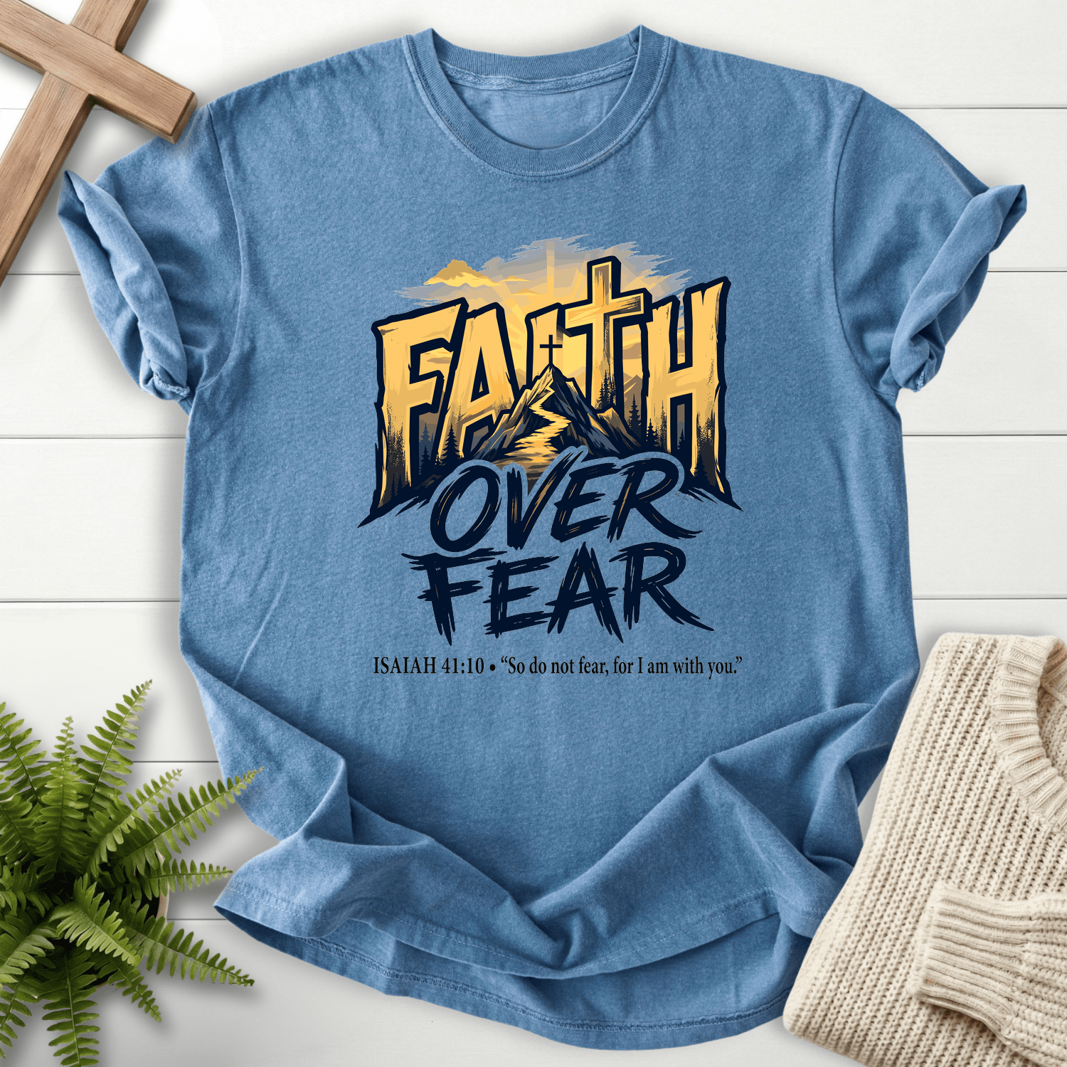 Faith Over Fear Isaiah 41 10 Graphic T-Shirt in Blue Jean | She Wears Faith