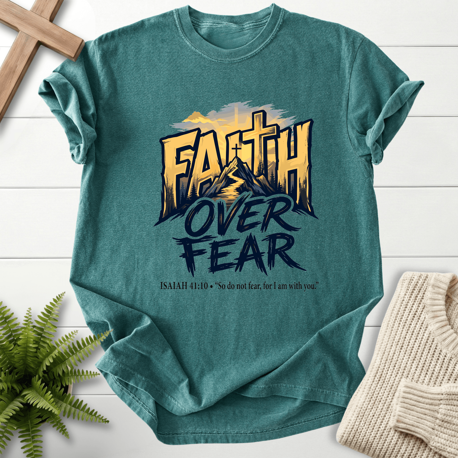 Faith Over Fear Isaiah 41 10 Graphic T-Shirt in Blue Spruce | She Wears Faith