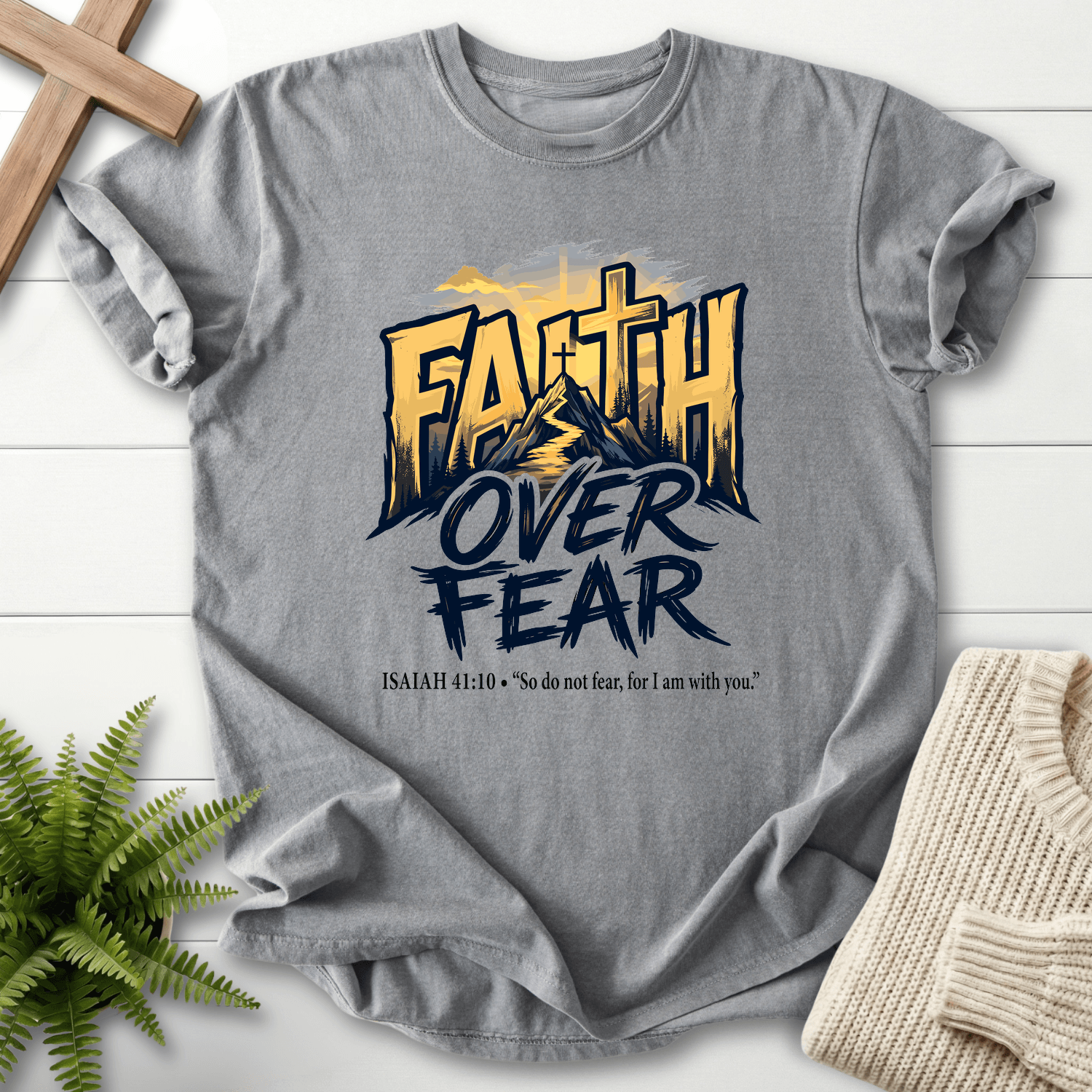 Faith Over Fear Isaiah 41 10 Graphic T-Shirt in Grey | She Wears Faith