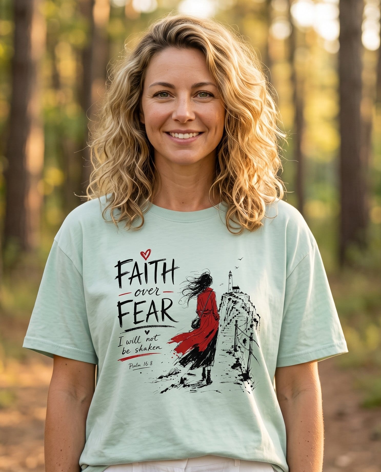 Faith Over Fear Psalm 16:8 Lighthouse – Bay women's Christian tee, lifestyle photo in nature trail – Ink-sketch illustration of a woman in a flowing red coat walking towar – Psalm 16:8 – She Wears Faith