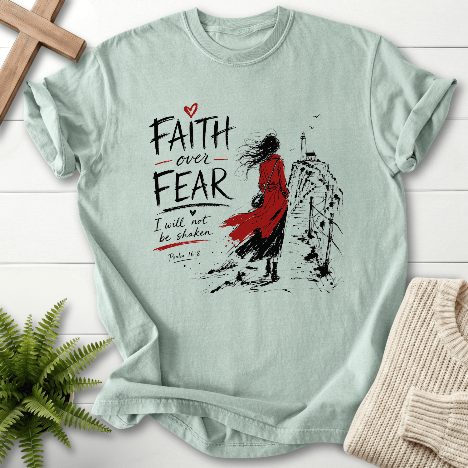 Faith Over Fear Psalm 16:8 T-Shirt in Bay | She Wears Faith