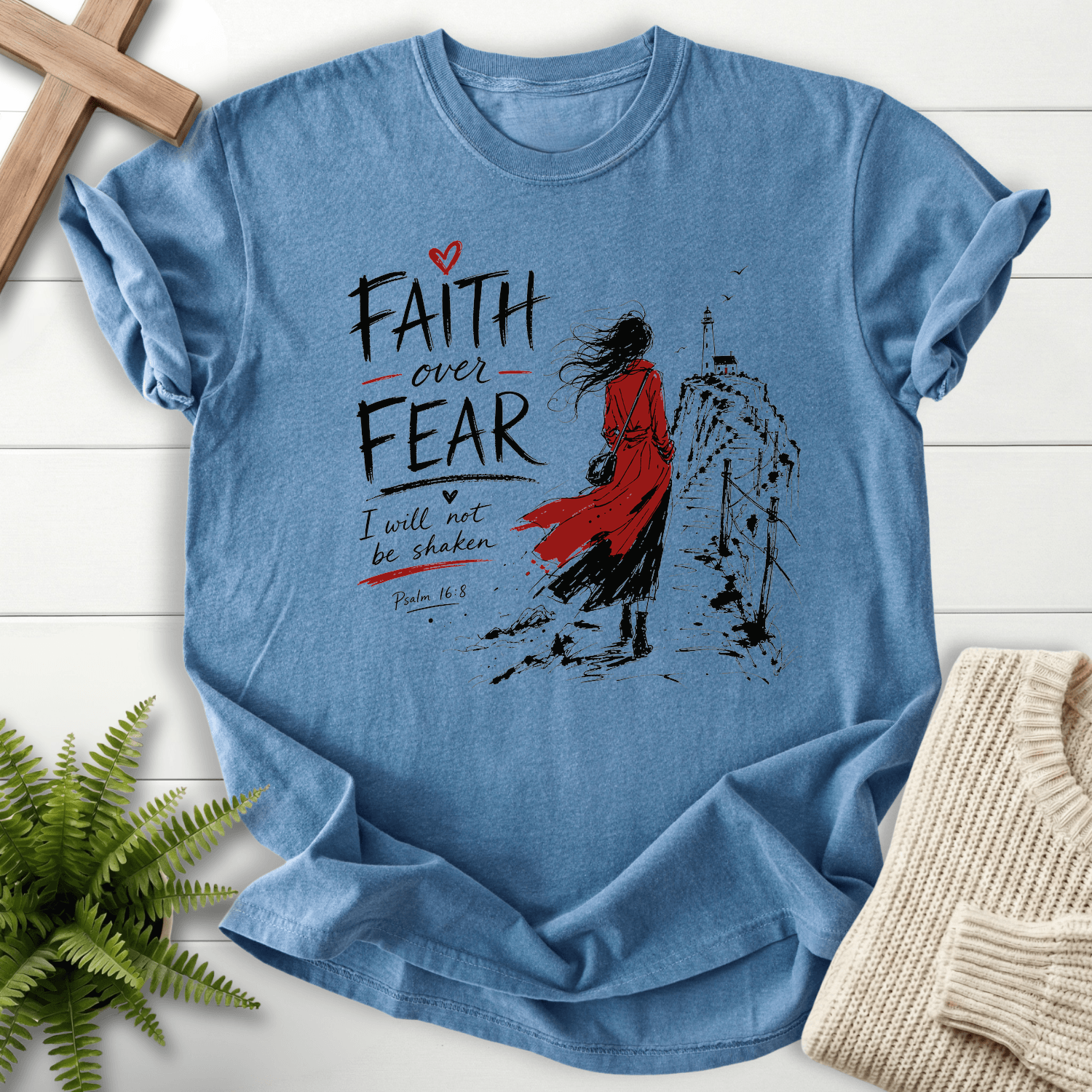 Faith Over Fear Psalm 16:8 T-Shirt in Blue Jean | She Wears Faith