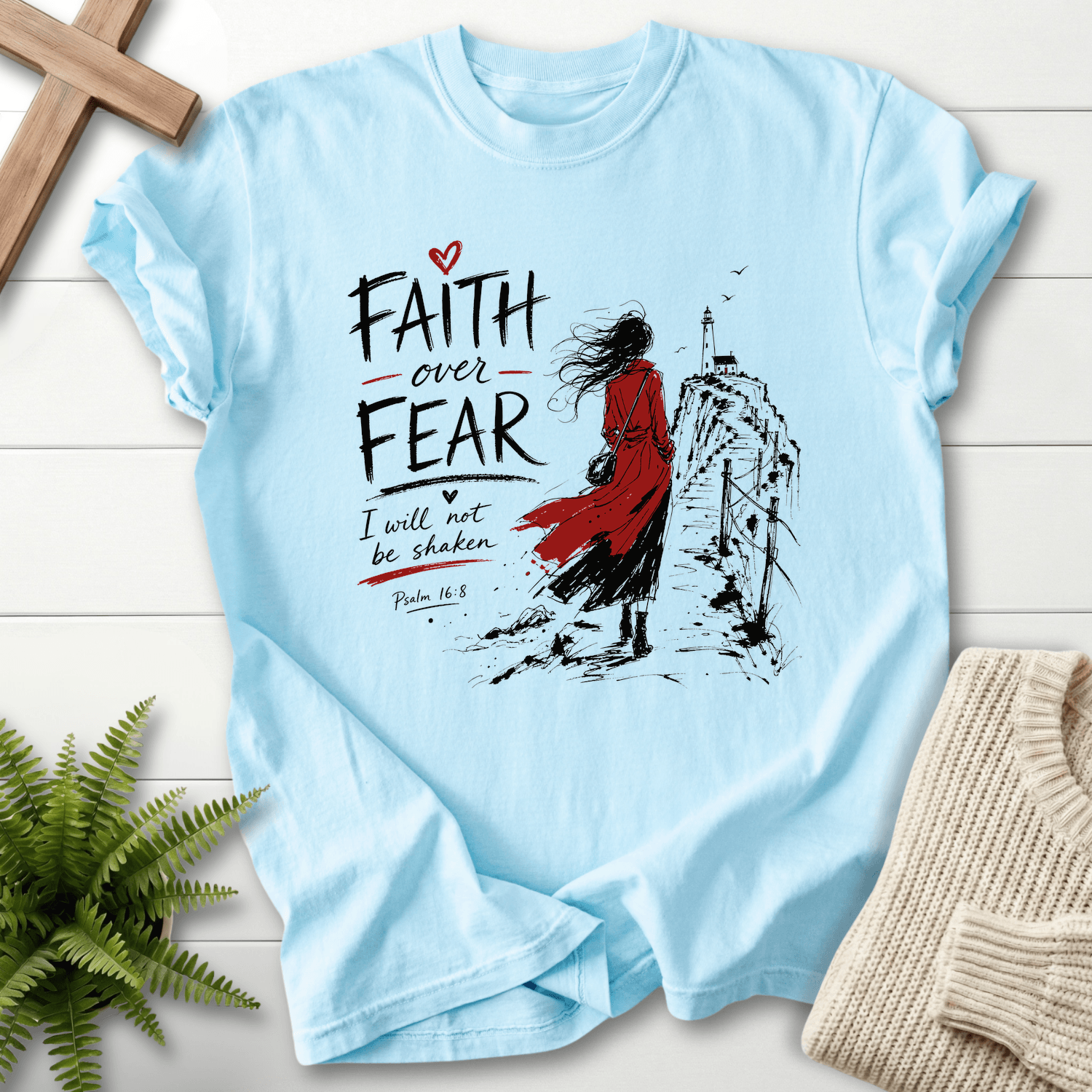 Faith Over Fear Psalm 16:8 T-Shirt in Chambray | She Wears Faith