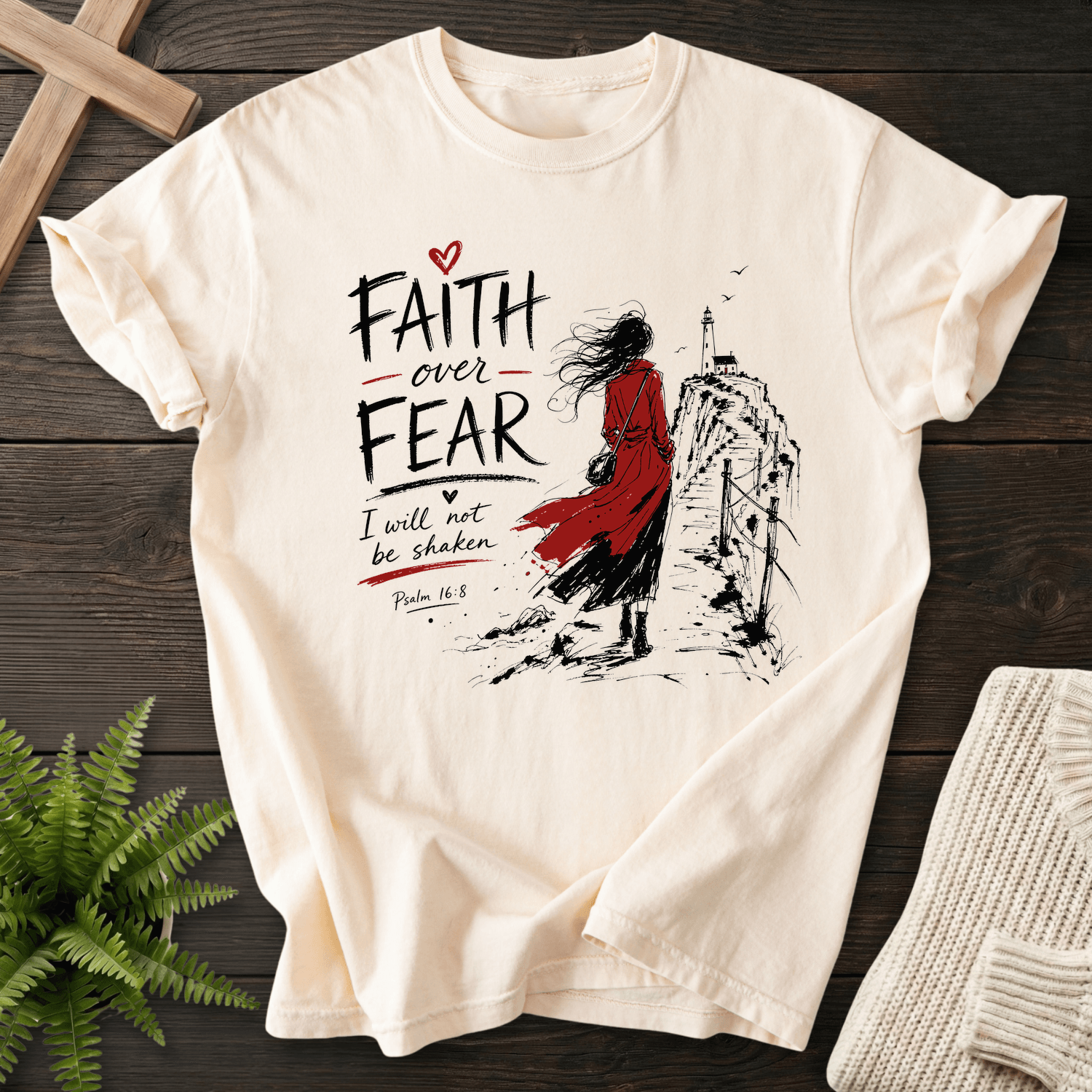 Faith Over Fear Psalm 16:8 T-Shirt in Ivory | She Wears Faith