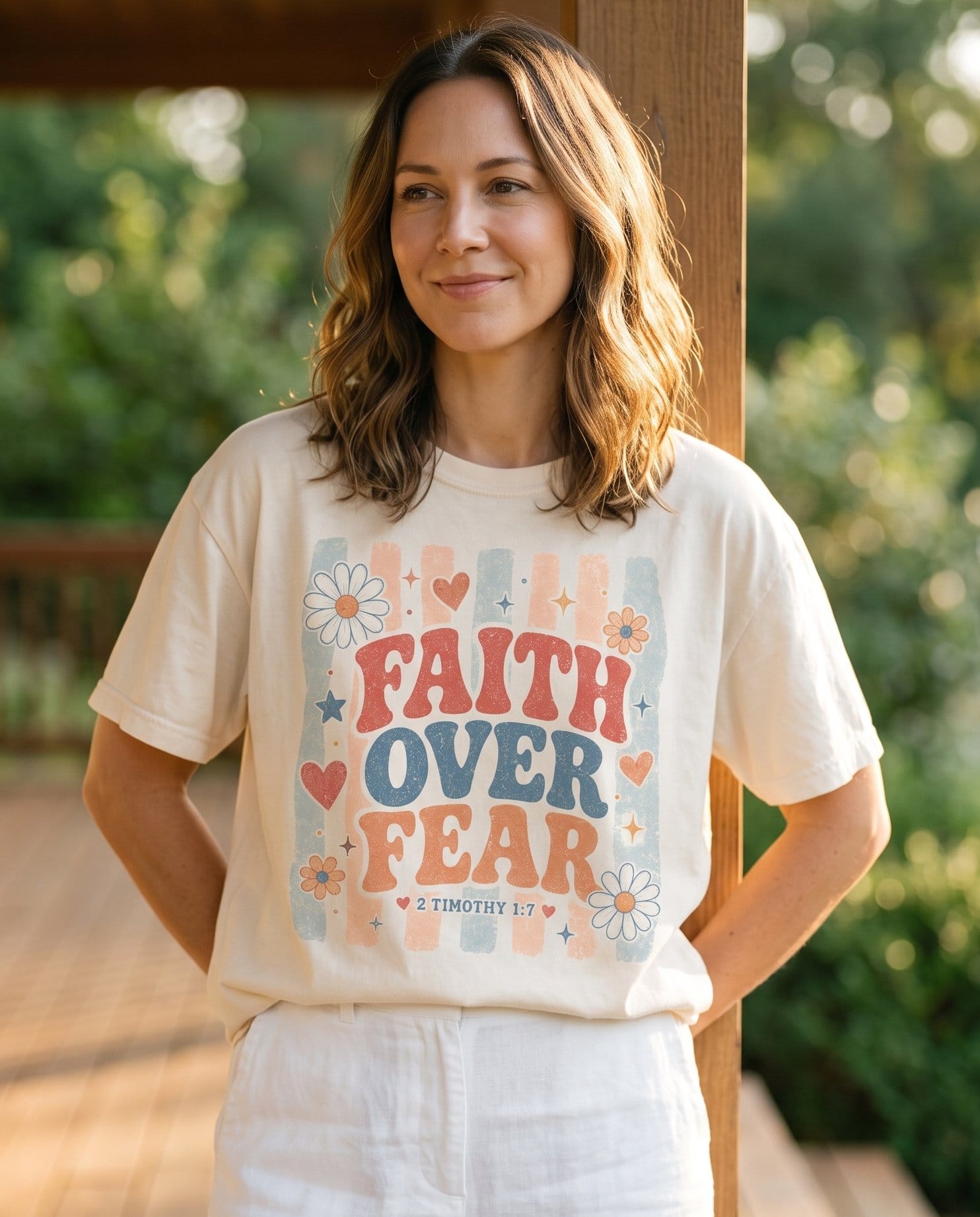 Faith Over Fear Retro Groovy – Ivory women's Christian tee, lifestyle photo in sunny porch – Retro groovy lettering "Faith Over Fear" with vintage daisies and spar – 2 Timothy 1:7 – She Wears Faith