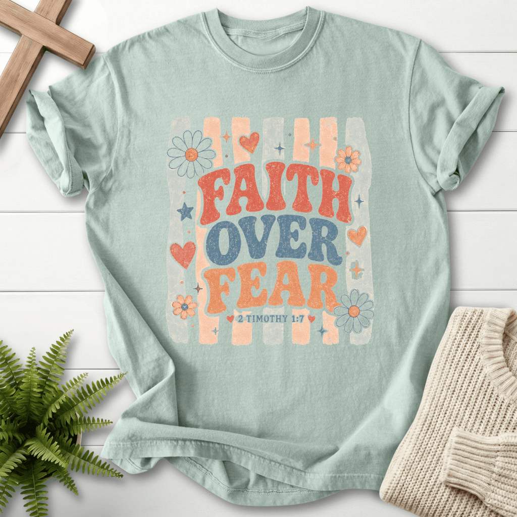 Faith Over Fear Retro Groovy T-Shirt in Bay | She Wears Faith