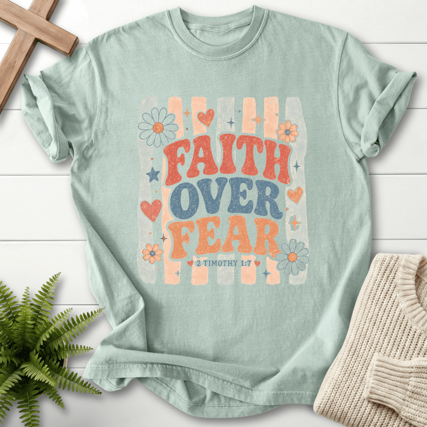 Faith Over Fear Retro Groovy T-Shirt in Bay | She Wears Faith