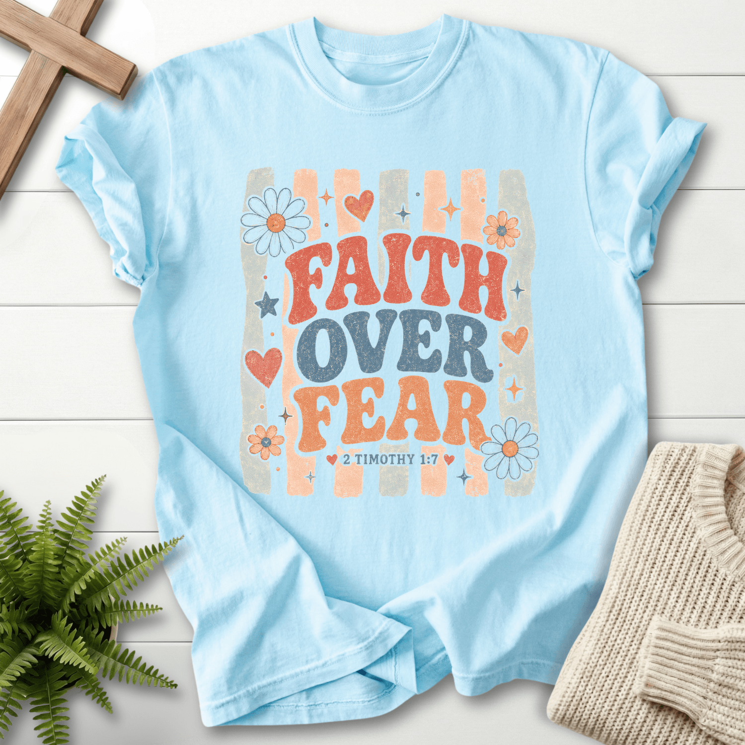 Faith Over Fear Retro Groovy T-Shirt in Chambray | She Wears Faith