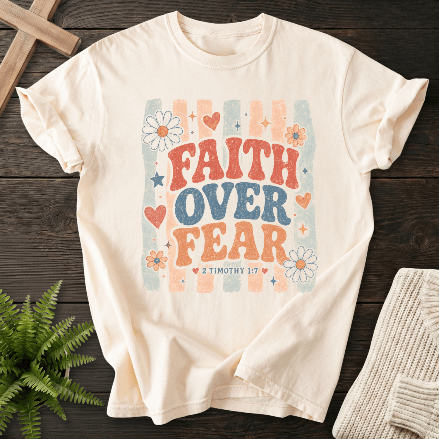 Faith Over Fear Retro Groovy T-Shirt in Ivory | She Wears Faith