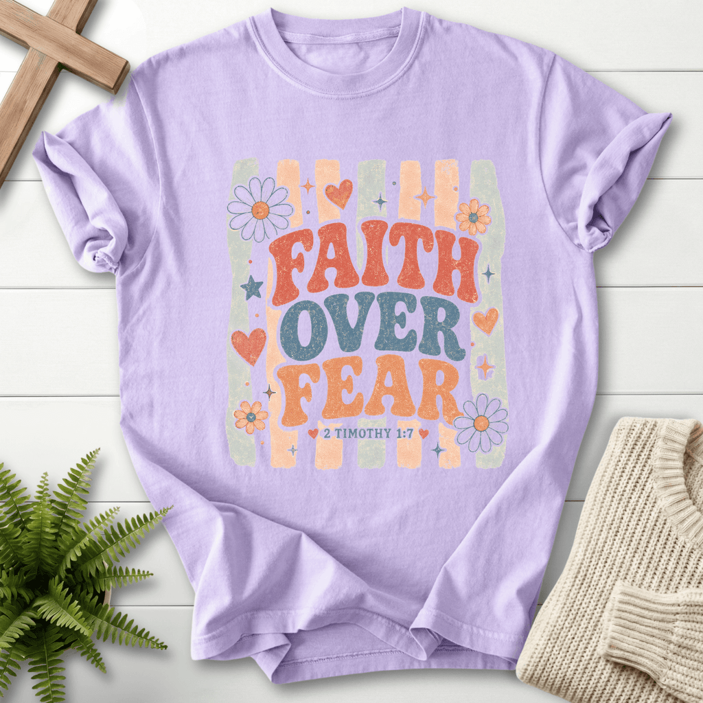 Faith Over Fear Retro Groovy T-Shirt in Orchid | She Wears Faith