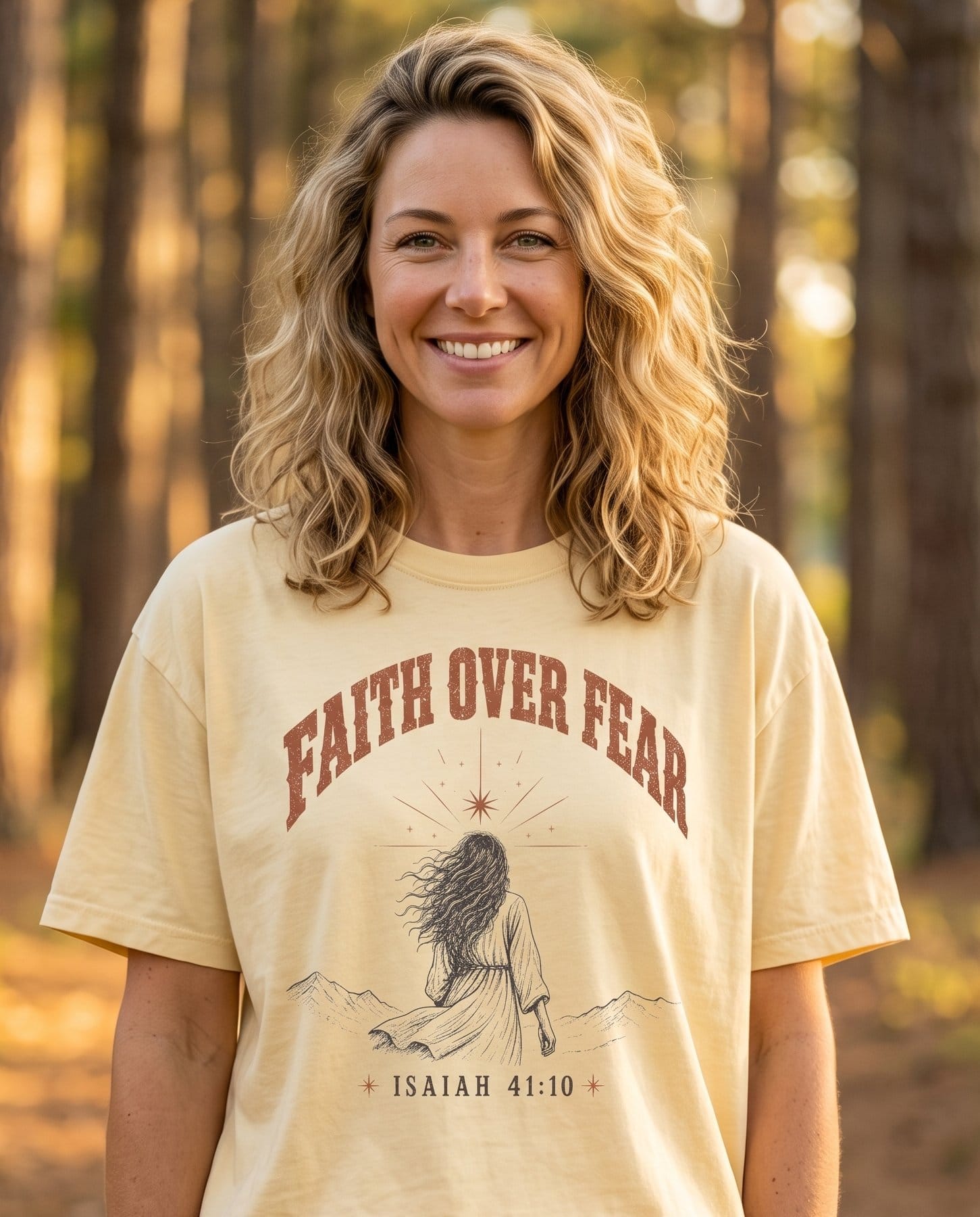 Faith Over Fear Woman of Faith – Banana women's Christian tee, lifestyle photo in nature trail – Rust-colored arched lettering FAITH OVER FEAR above a line-art illustr – Isaiah 41:10 – She Wears Faith
