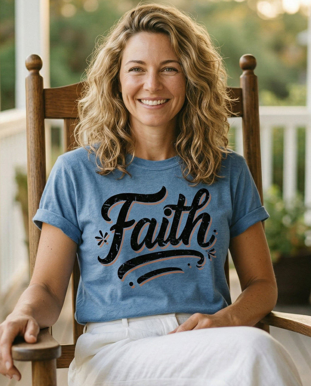 Bold Faith Vintage – Blue Jean women's Christian tee, lifestyle photo in sunny porch – Large bold vintage script lettering 'Faith' with distressed ink textur – She Wears Faith
