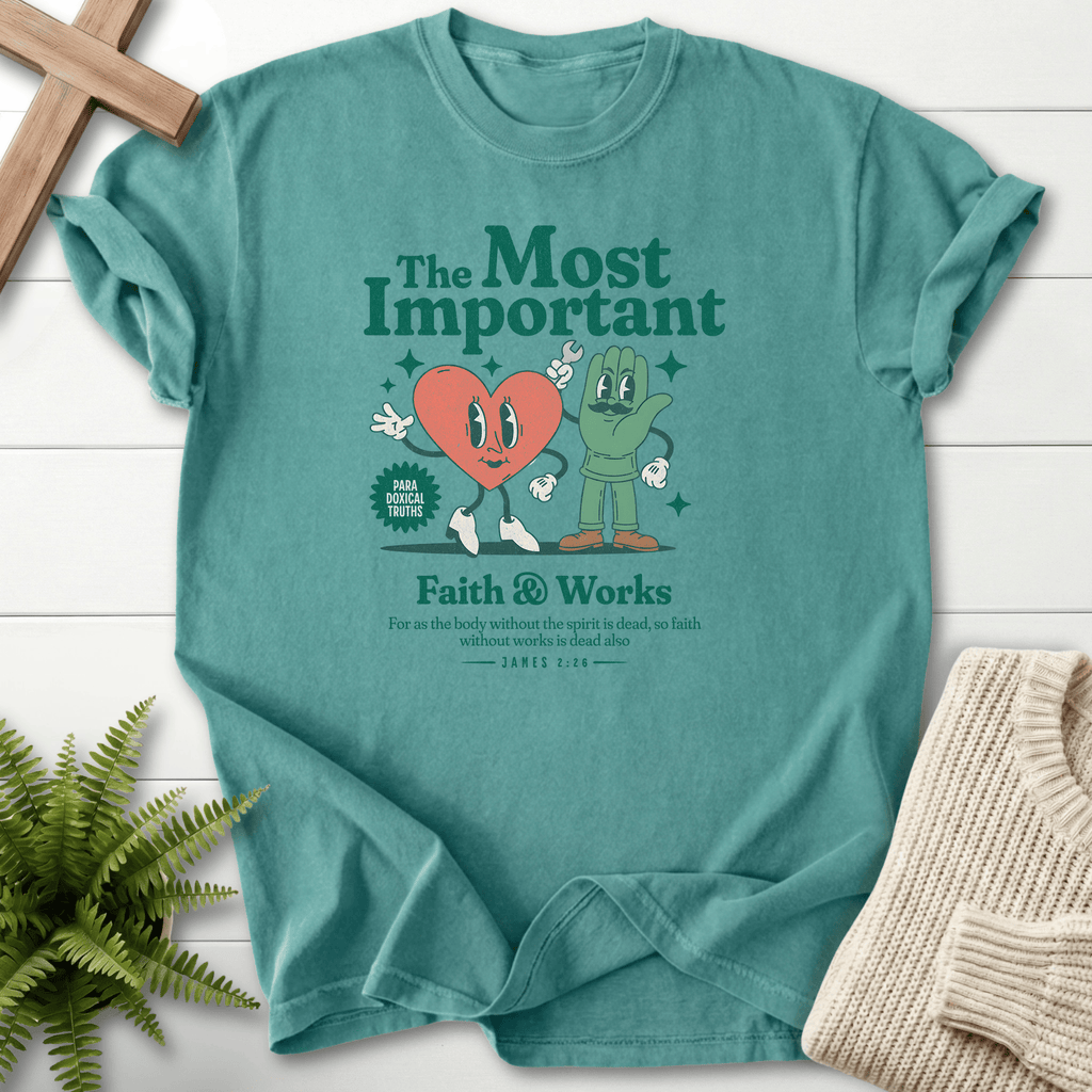 Chalky Mint women's faith t-shirt with a vintage cartoon design and a Paradoxical Truths badge, inspired by James 2:26.