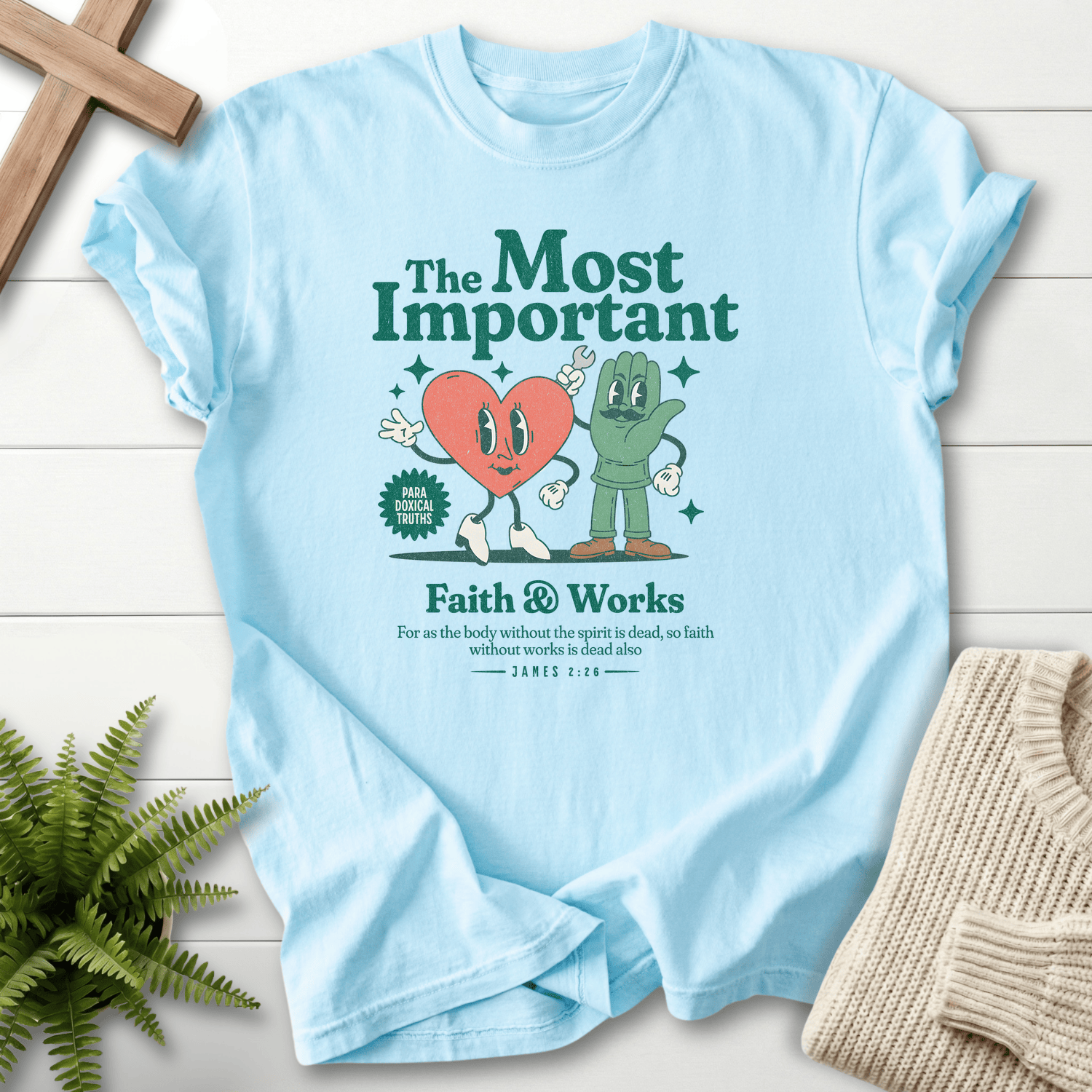 Chambray women's faith t-shirt with a retro groovy illustration design, inspired by James 2:26.