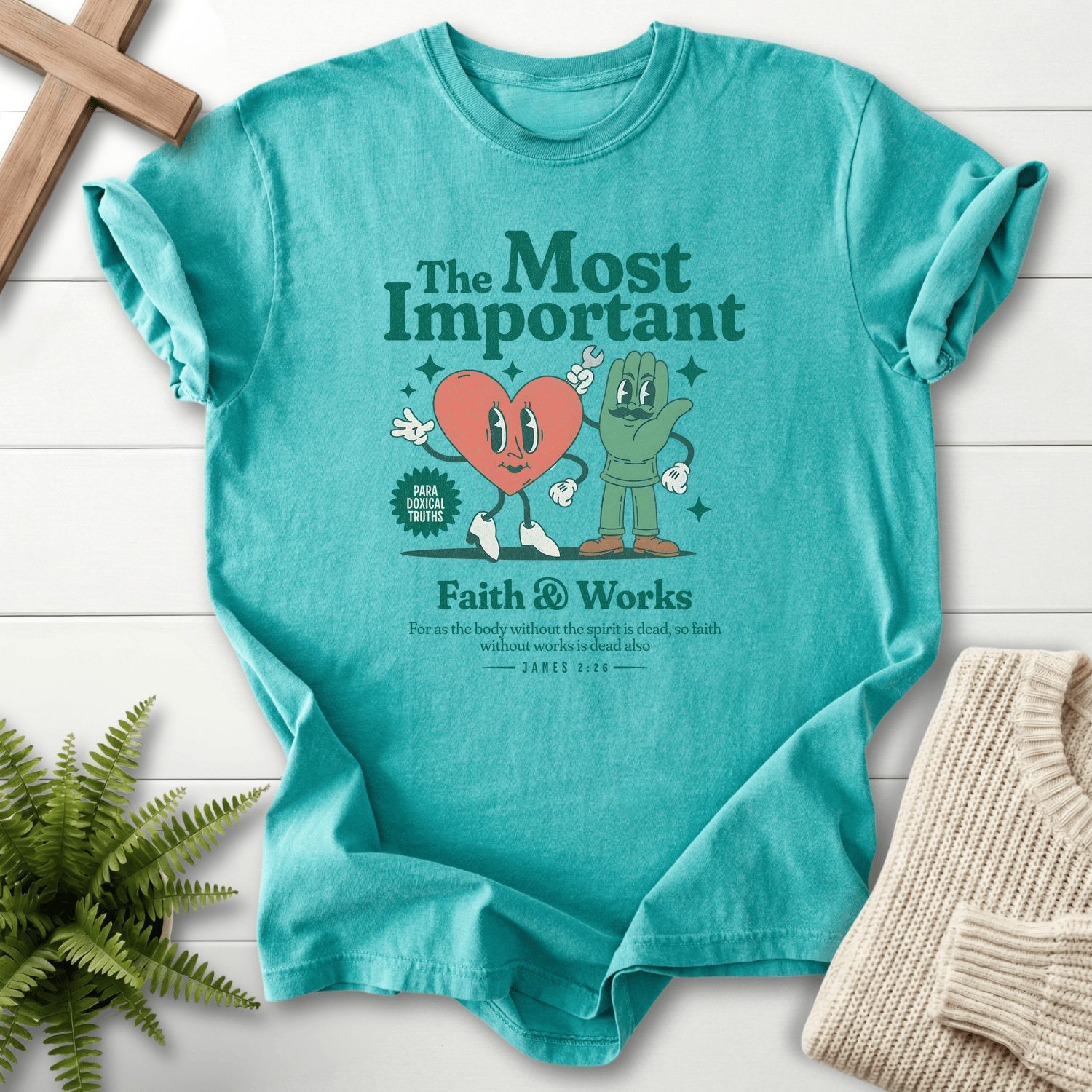 Seafoam women's faith t-shirt with retro cartoon characters and a James 2:26 reference, inspired by James 2:26.