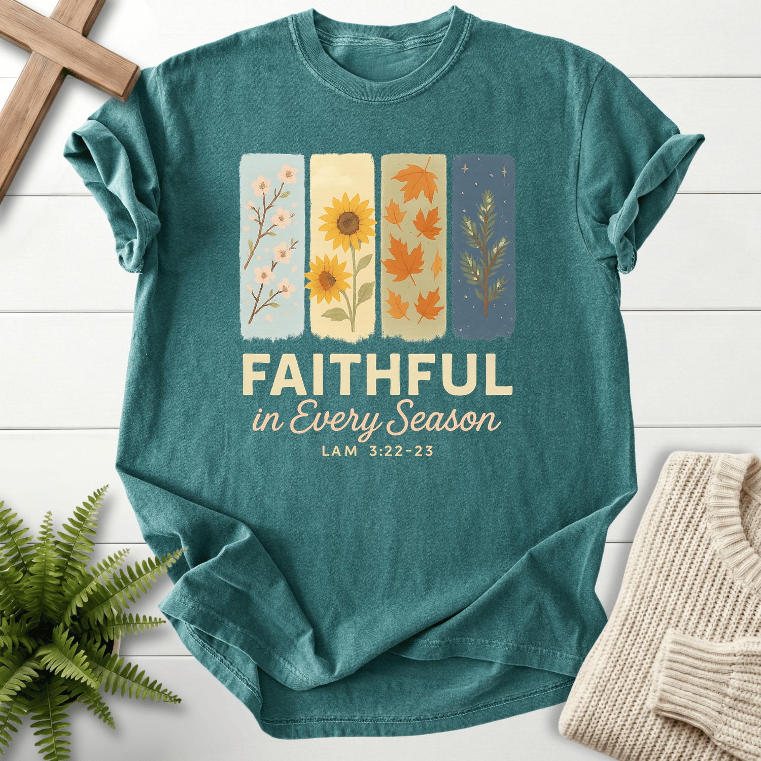 Blue Spruce women's faith t-shirt with four botanical seasonal panels, inspired by Lamentations 3:22-23.