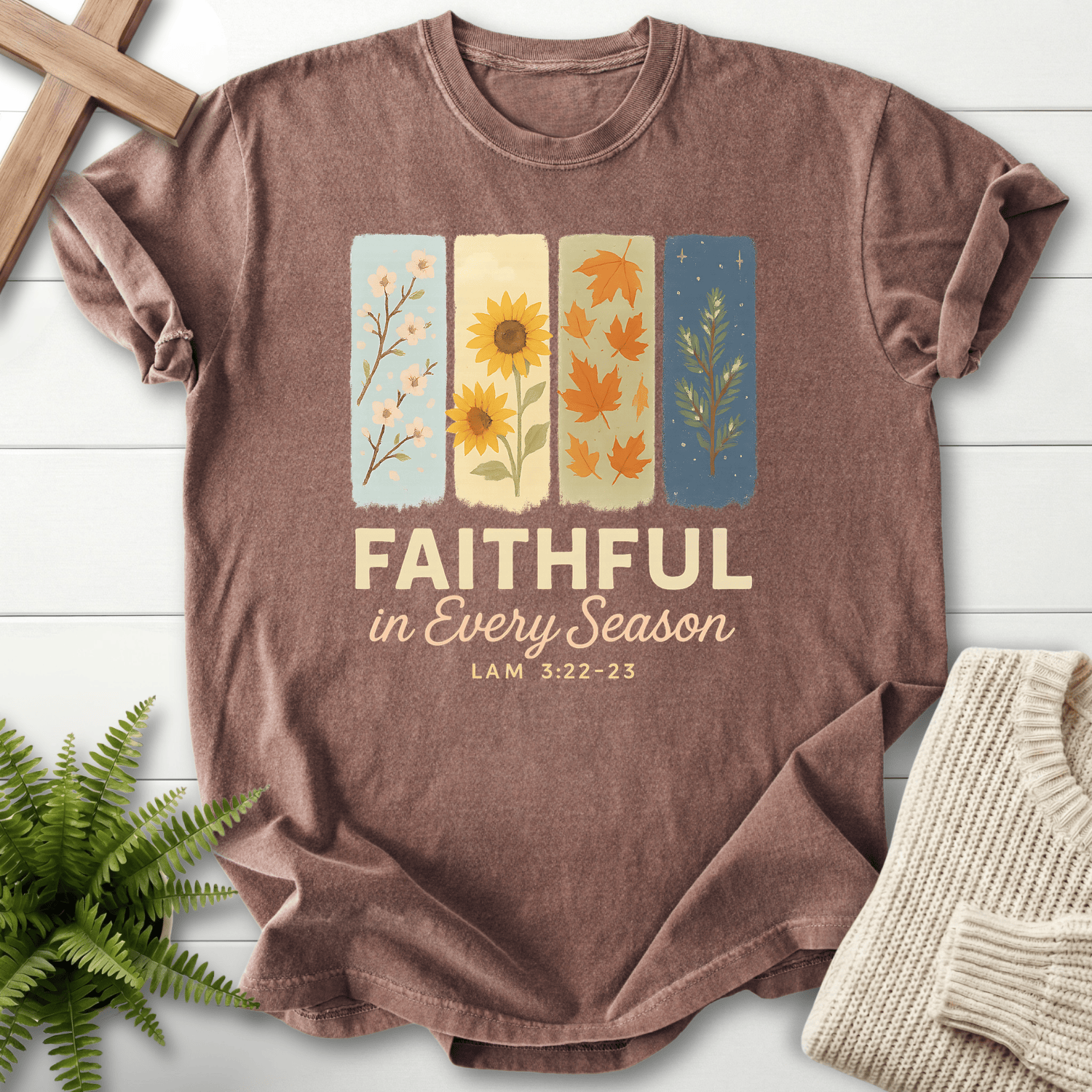 Espresso women's faith t-shirt with a seasonal botanical panel design, inspired by Lamentations 3:22-23.