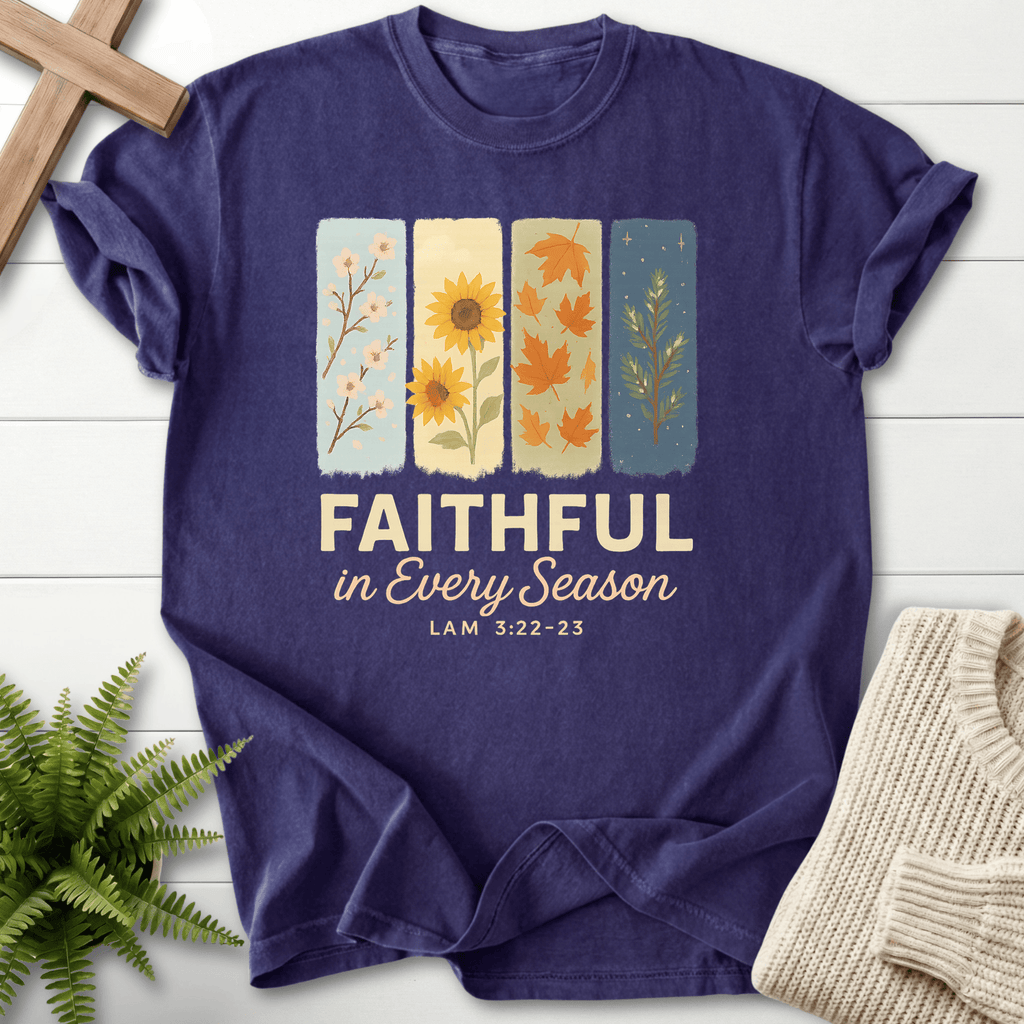 Grape women's faith t-shirt with a four-panel floral and leaf seasonal design, inspired by Lamentations 3:22-23.
