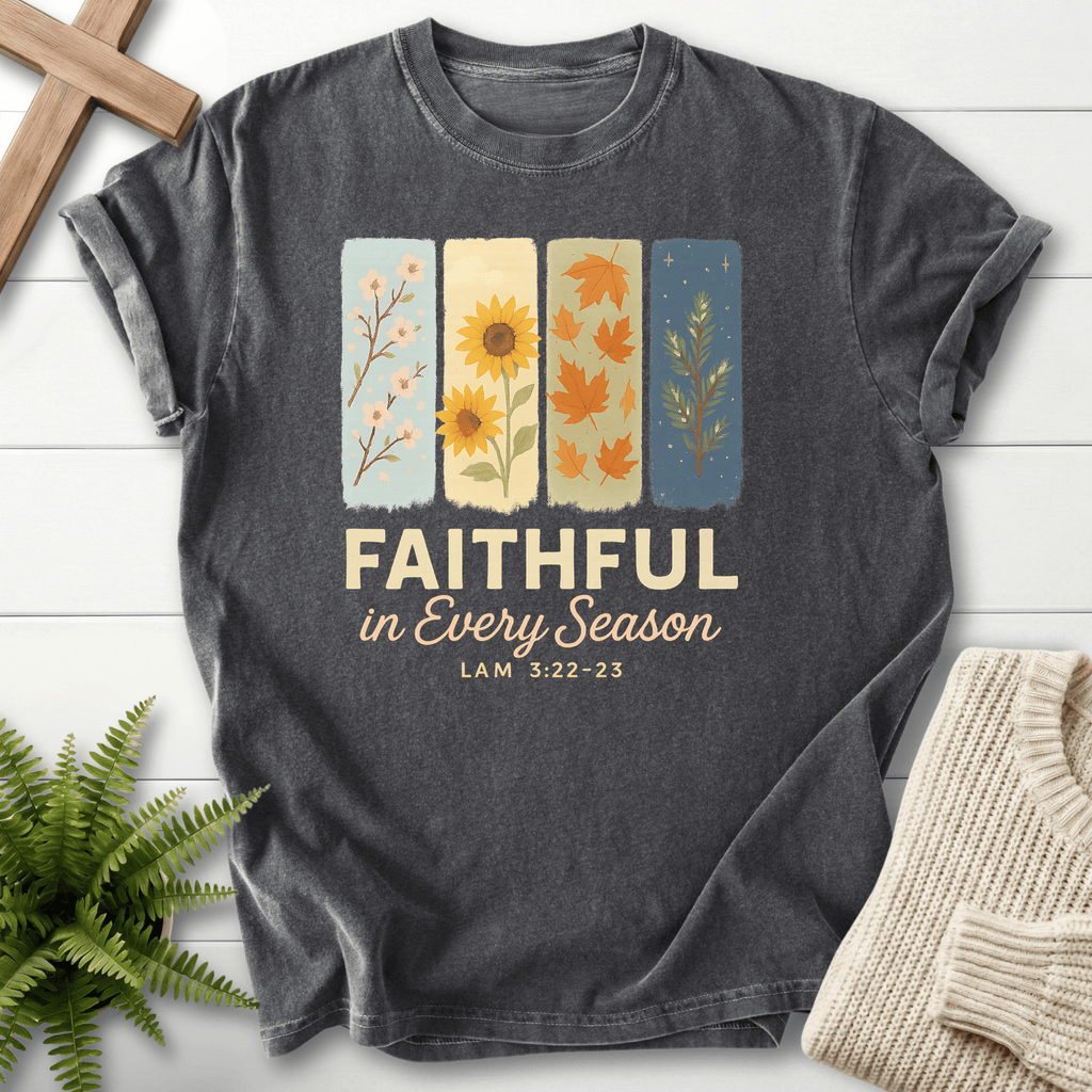 Pepper women's faith t-shirt with seasonal illustration panels, inspired by Lamentations 3:22-23.