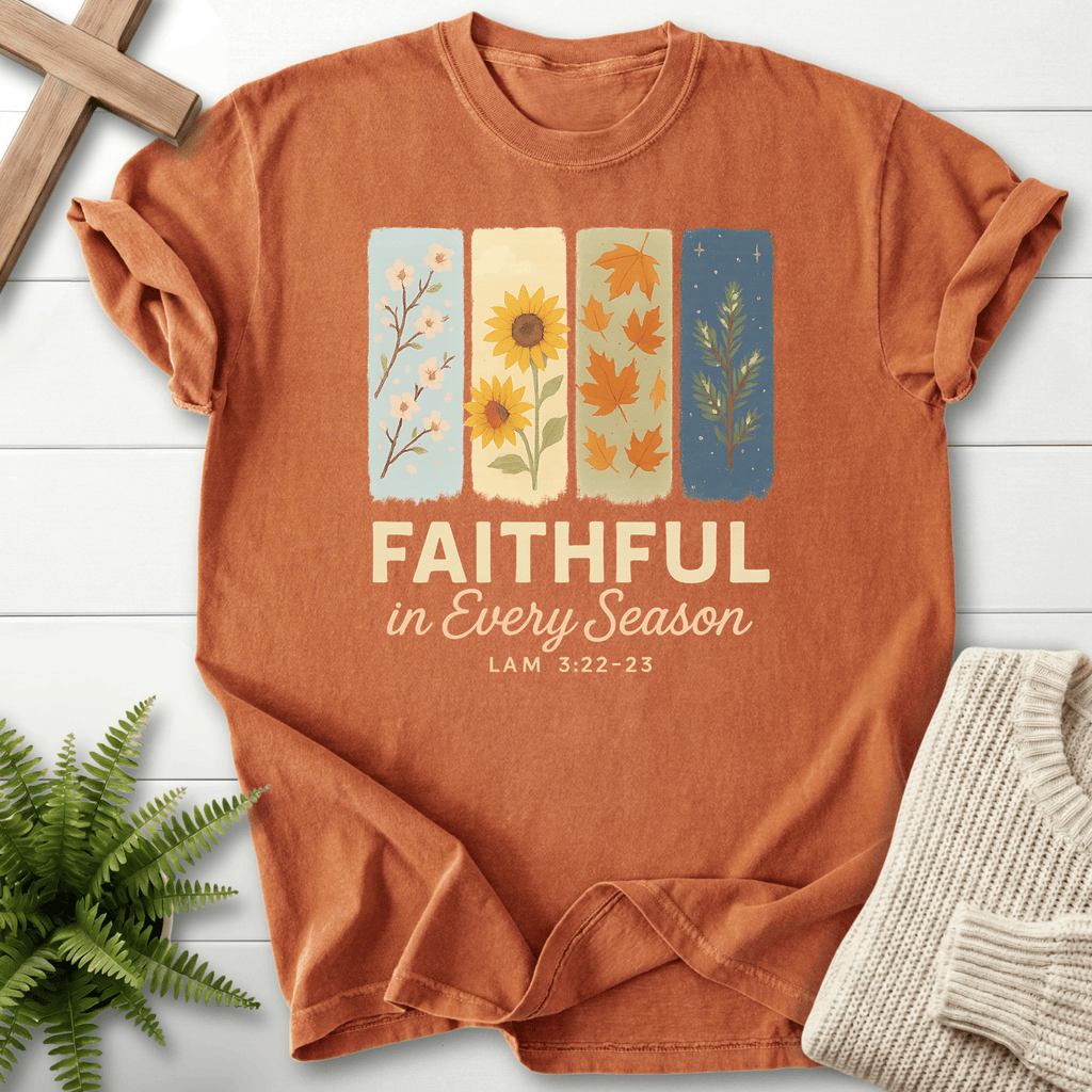Yam women's faith t-shirt with a four-panel design featuring spring, sunflower, and autumn leaves, inspired by Lamentations 3:22-23.