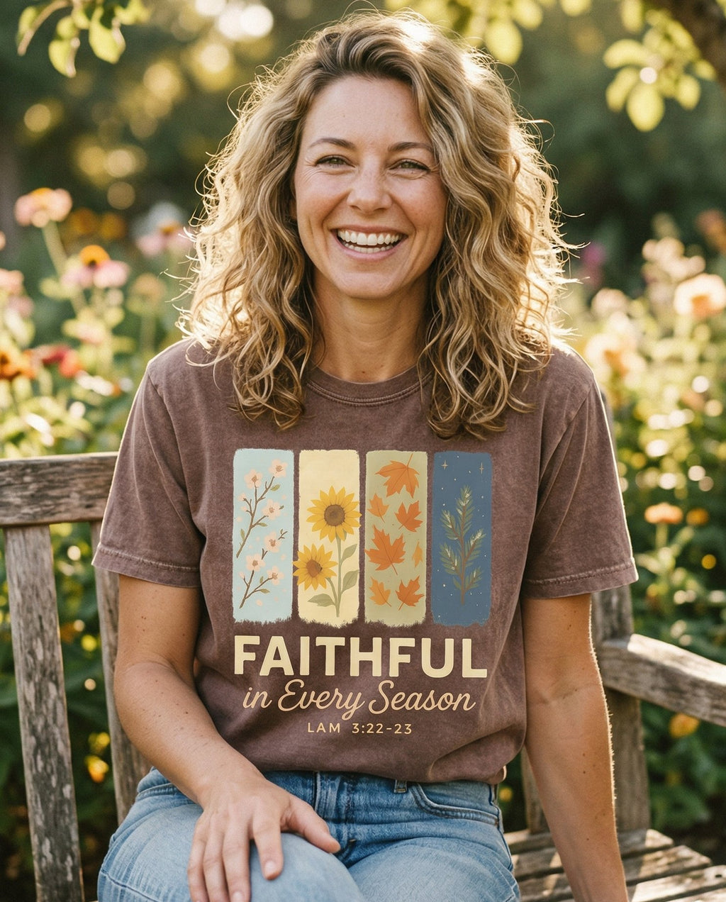 Faithful in Every Season – Espresso women's Christian tee, lifestyle photo in outdoor garden – Four illustrated seasonal panels with spring blossoms – Lamentations 3:22-23 – She Wears Faith