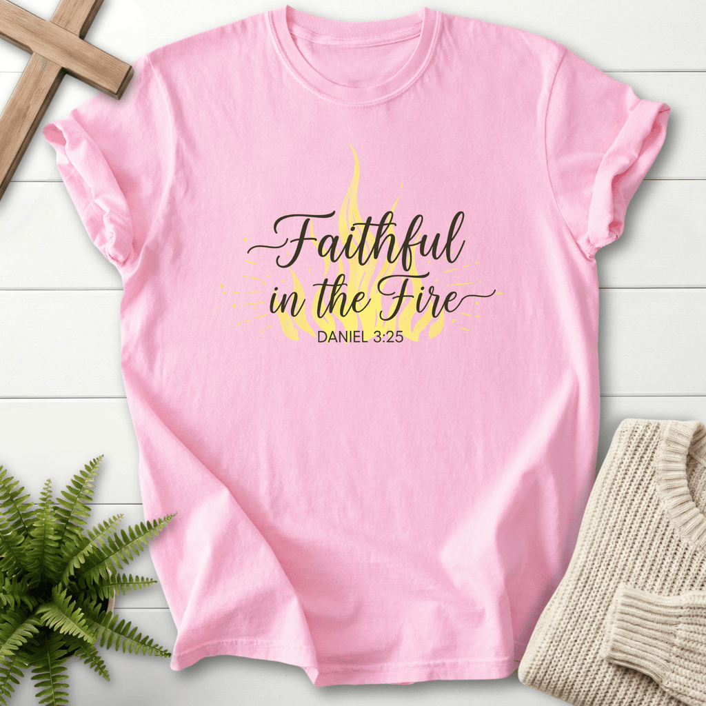 Blossom women's faith t-shirt with a flame and cursive script design, inspired by Daniel 3:25.