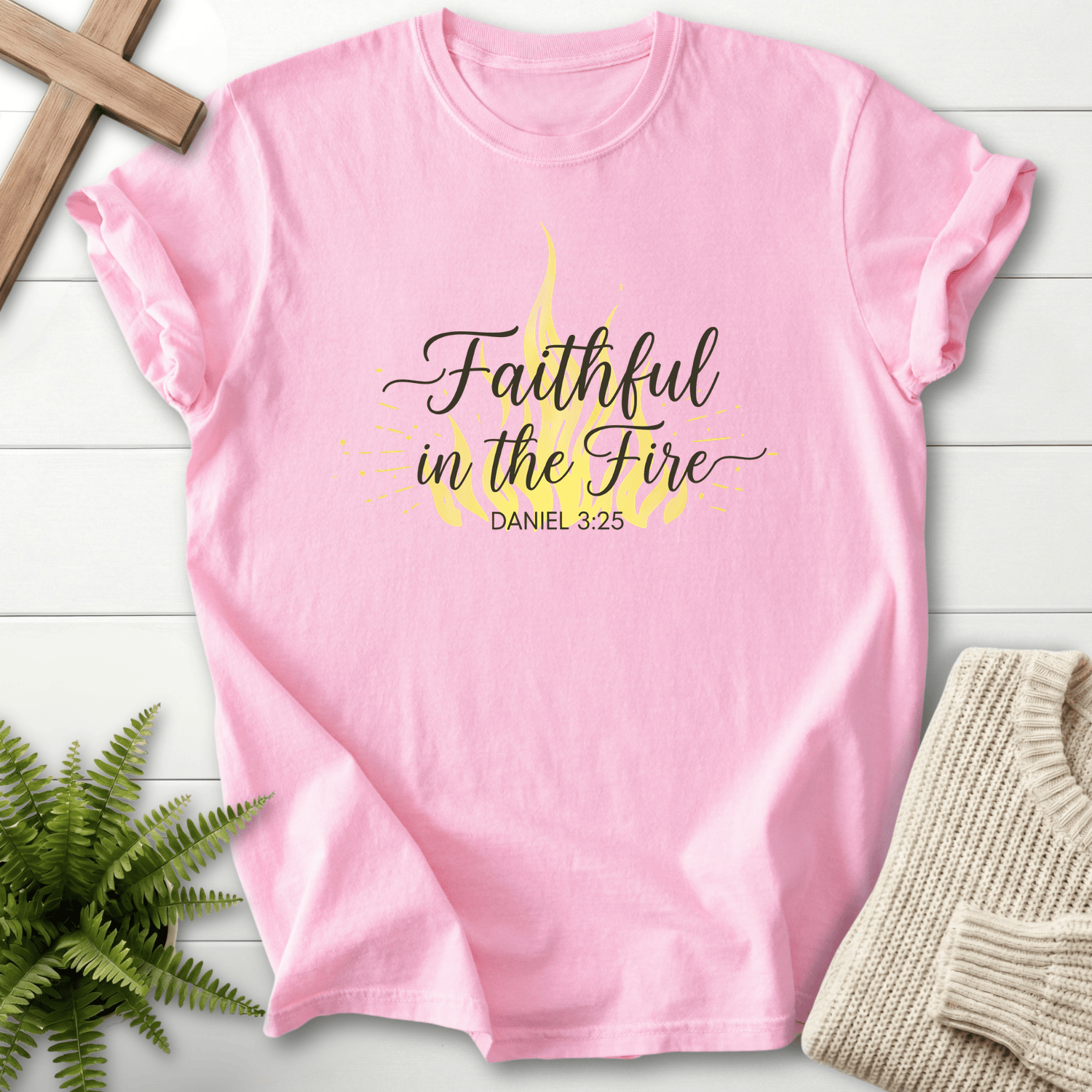 Blossom women's faith t-shirt with a flame and cursive script design, inspired by Daniel 3:25.