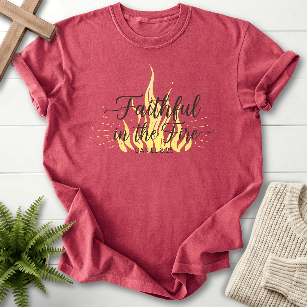 Crimson women's faith t-shirt with a flame illustration and elegant cursive design, inspired by Daniel 3:25.