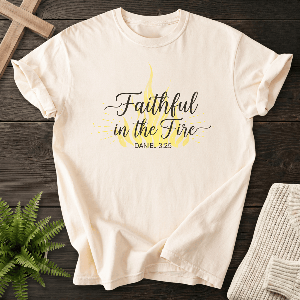 Ivory women's faith t-shirt with a yellow flame and script design, inspired by Daniel 3:25.