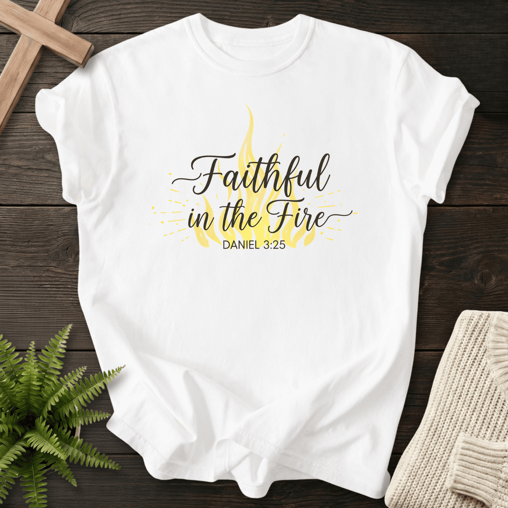 White women's faith t-shirt with a flame illustration and sparkle accents, inspired by Daniel 3:25.