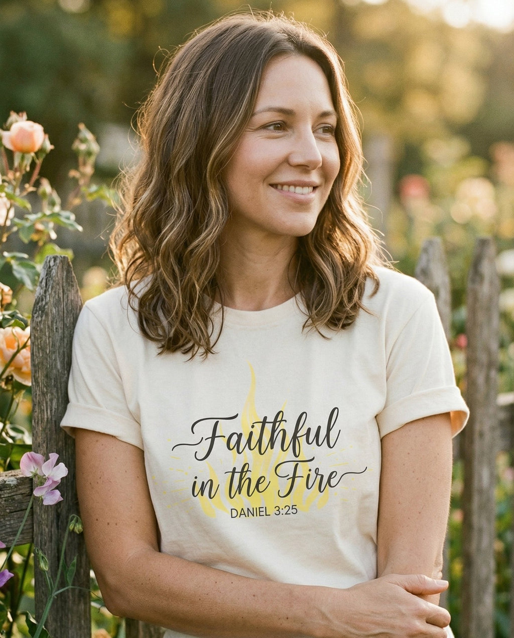 Faithful in the Fire – Ivory women's Christian tee, lifestyle photo in outdoor garden – Yellow flame illustration with script text 'Faithful in the Fire – Daniel 3:25 – She Wears Faith