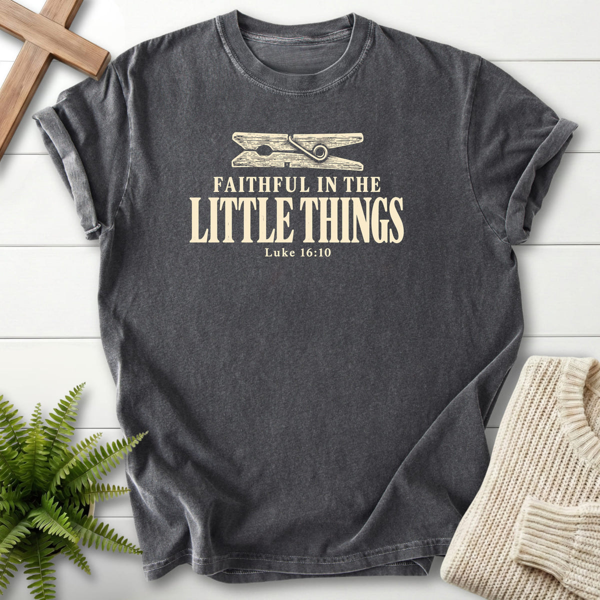 Pepper color option for the Faithful in the Little Things women's Christian tee with "Faithful in the Little Things T-Shirt" Luke 16:10.