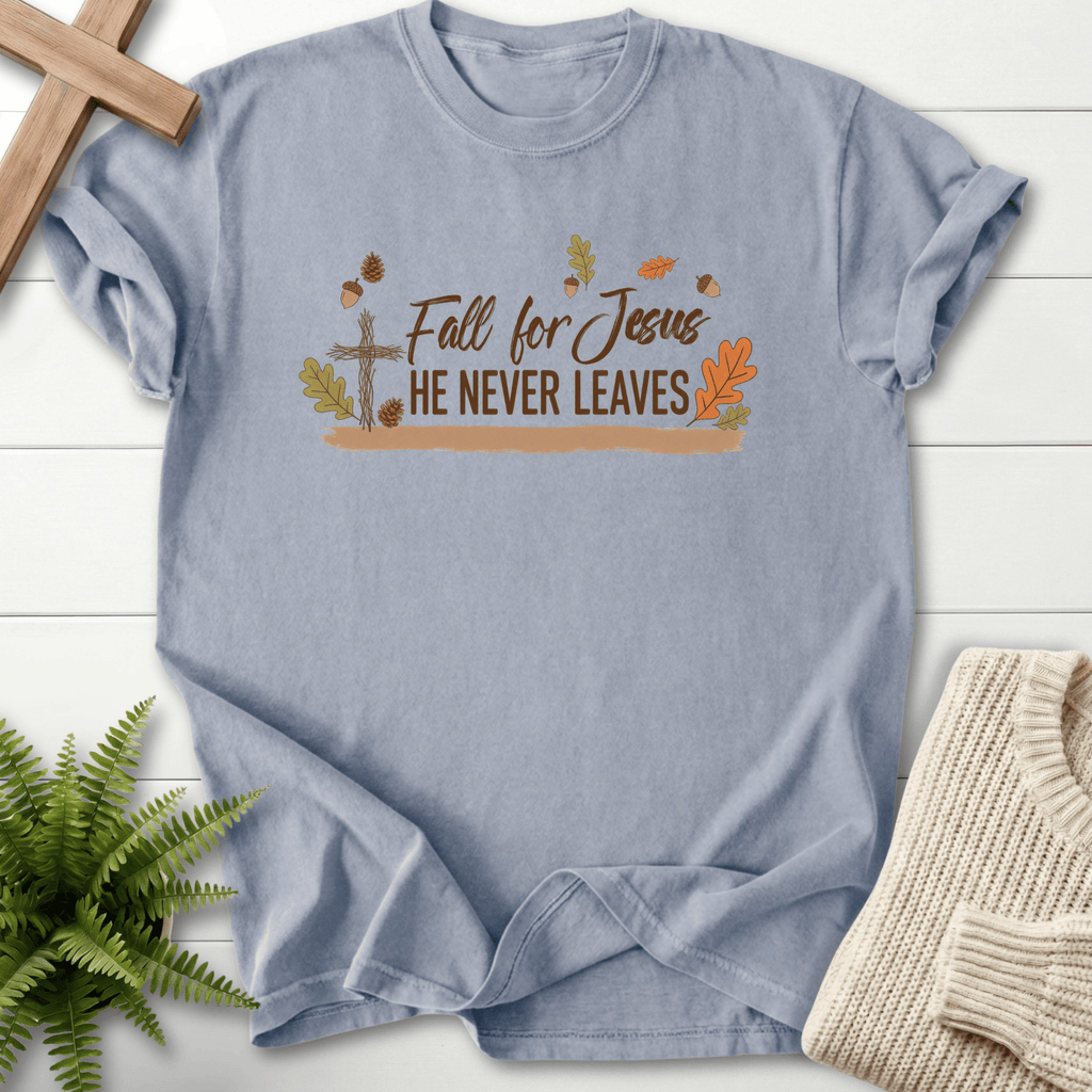 Granite women's faith t-shirt with a wooden cross, seasonal fall leaves, and 'Fall for Jesus He Never Leaves'.