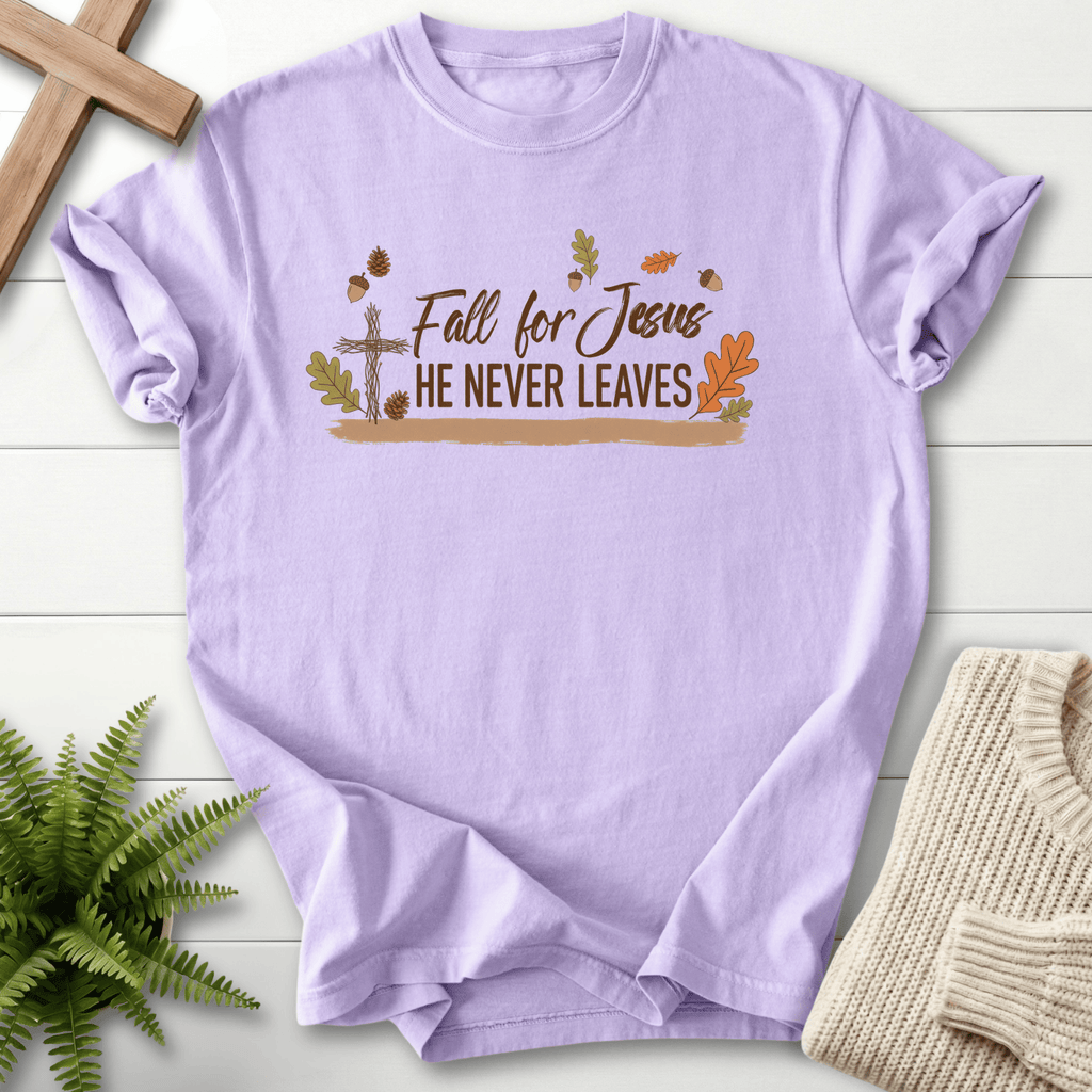 Orchid Christian t-shirt for women with a rustic fall cross, colorful leaves, and 'Fall for Jesus He Never Leaves' by She Wears Faith.