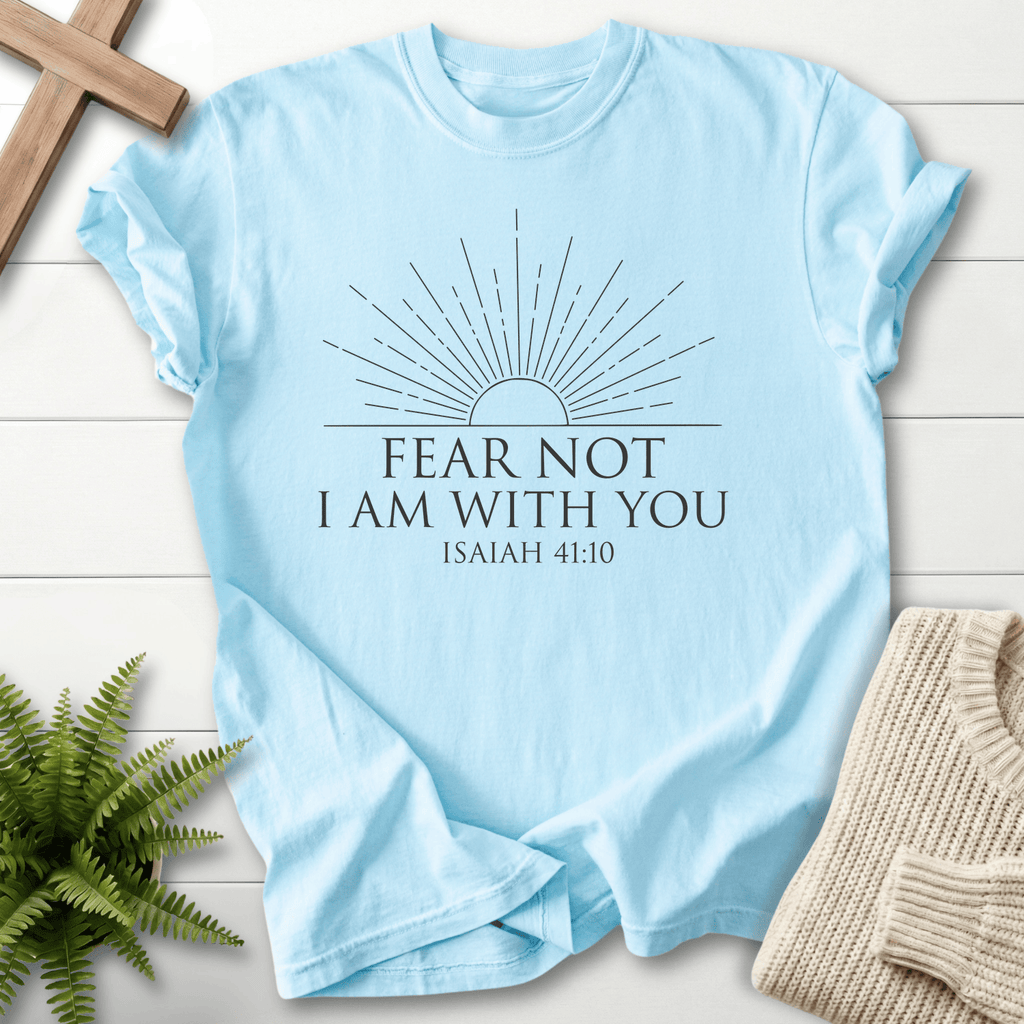 Chambray women's faith t-shirt with a clean sunburst design and 'Fear Not I Am With You', by She Wears Faith.