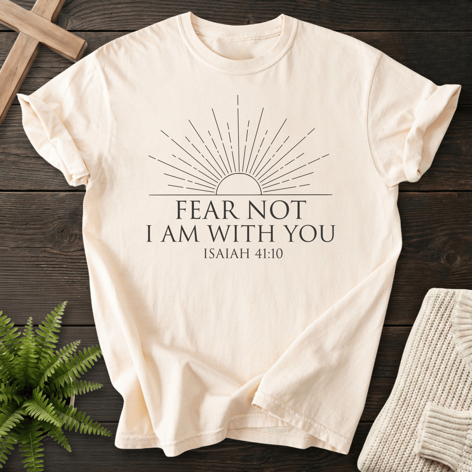 Ivory Bible verse tee for women with a clean sunburst illustration and 'Fear Not I Am With You', Comfort Colors 1717.