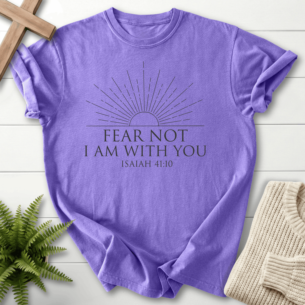 Violet Christian t-shirt for women with rising sun line art and 'Fear Not I Am With You', Isaiah 41:10.
