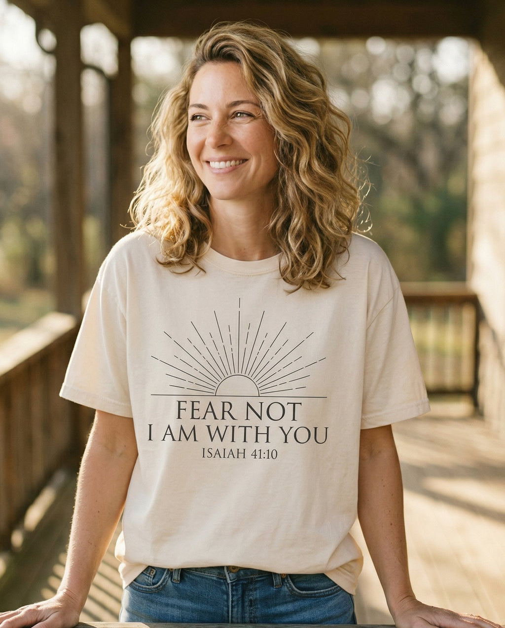 Fear Not – Ivory women's Christian tee, lifestyle photo in sunny porch – Minimalist sunburst rising sun illustration above bold block lettering – Isaiah 41:10 – She Wears Faith