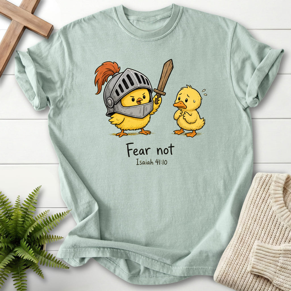 Flat lay of a Bay women's Christian tee featuring "Fear Not Isaiah 41:10 Chick T-Shirt" Isaiah 41:10.